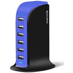 Aduro 40W 6-Port USB Desktop Charging Station Hub Wall Charger for iPhone iPad Tablets Smartphones with Smart Flow (Black/Blue)