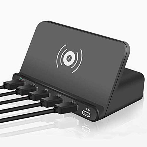 Multi USB Charging Station Desktop Wireless Charger USB C Charger QC 3.0 Quick Charge for iPhone 11 XS XR X 8, iPad, Galaxy S20 S10 Note, LG, HTC, Google Pixel and More