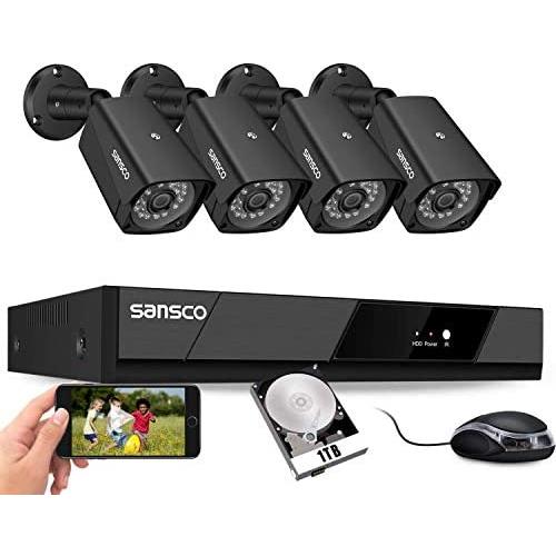 SANSCO 1080P Wired Security Cameras System, 8CH HD DVR with 1TB Hard Drive for 24/7 Recording, 4Pcs 2MP CCTV Outdoor Indoor Waterproof Surveillance Cameras, Night Vision, Remote Access, Motion Alert