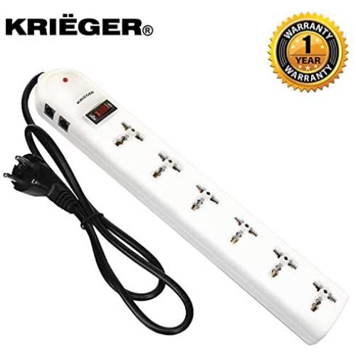 KRIEGER Universal Power Strip AC 220-240V Surge Protector With Heavy Duty German Schuko Plug For Computer, Printers, 6 Universal AC Outlets - Type E/F