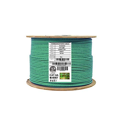 CAT6A Shielded Riser (CMR), 1000ft, F/UTP 23AWG, Solid Bare Copper, 650MHz, 10Gb, UL Certified, UL-LP Certification, Bulk Ethernet Cable Reel in Green