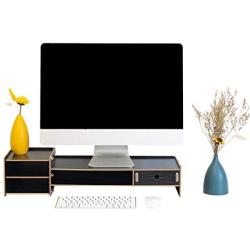 Wood Monitor Stand Riser - Assemble Monitor Riser Desk Organizer with Drawer - Computer Desk Drawer Organizer - Wooden Monitor Stand - Black