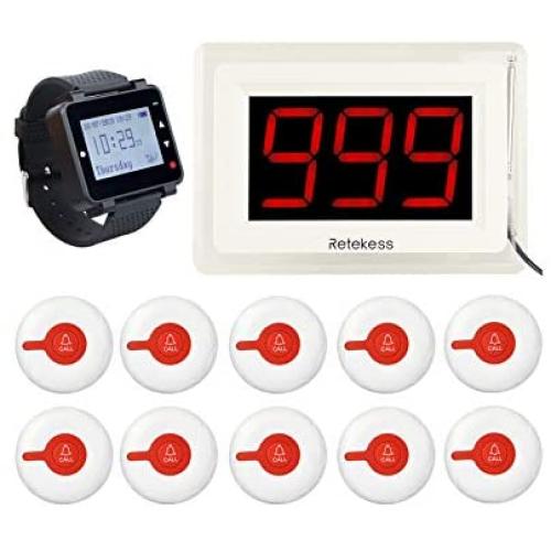 Retekess T114 Restaurant Pager System,Caregiver Paging System,3 LED Large Screen Display,1 Watch Pager,10 Emergency Call Buttons for Clinic,Cafe,Hotel