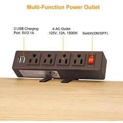 Desk Clamp Power Strip, Desktop Clamp Mount Power Outlet with 2 USB Ports, 4 AC Outlets, Mountable Desk Outlet Removable Power Plugs with 6.56ft Power Cord (Brown)