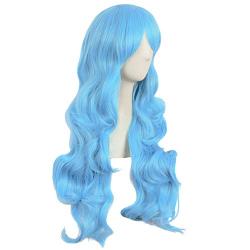 MapofBeauty 28 Inch/70cm Charming Women Side Bangs Long Curly Full Hair Synthetic Wig (Sky Blue)