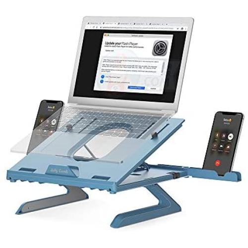 Laptop Stand Ergonomic, Jelly Comb Multi-Angle Adjustable Laptop Riser with Built-in Foldable Legs and Phone Holder, Ventilated Notebook Stand Tray for MacBook, Desktop Computer, Tablet (Blue Grey)