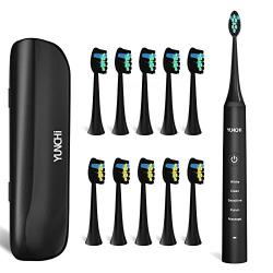 Sonic Electric Toothbrush for Adults, YUNCHI Y7 Rechargeable Ultrasonic Power Whitening Toothbrush, 5 Modes with Smart Timer, 10 Brush Heads & Travel Case, Black