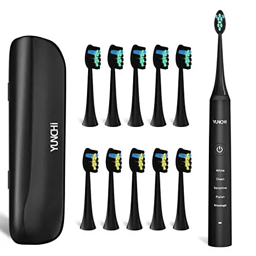 Sonic Electric Toothbrush for Adults, YUNCHI Y7 Rechargeable Ultrasonic Power Whitening Toothbrush, 5 Modes with Smart Timer, 10 Brush Heads & Travel Case, Black