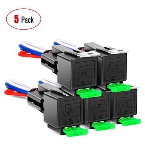 Nilight 50023R 5 Pack 30A Fuse Relay car Truck Socket kit-30A Switch Harness Set-12V DC 4-Pin SPST Automotive 14 AWG Hot Wires-Auto Switches & Starters Set,2 Years Warranty