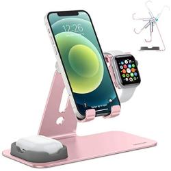 OMOTON Adjustable Apple Watch Stand, Triunity Charging Dock For iWatch, AirPod and iPhone 11/XR/XS/6/7/8 Plus/12 Pro Max, Original Apple Watch Magnetic Charging Cable Required, Rose Gold