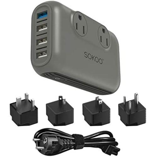 SOKOO 200-Watt 220V to 110V Converter, Step Down Voltage Converter, International Power Converter/Travel Adapter- Use for EU/UK/AU/US/India More Than 150 Countries, USB Quick Charger 3.0 Grey