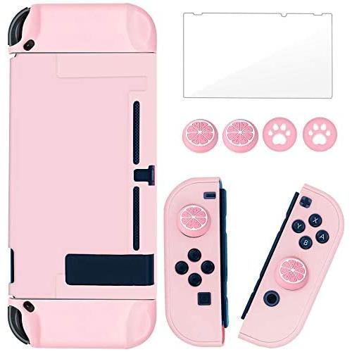 BRHE Dockable Switch Protective Case Cover for Nintendo Switch Joy-Con Controllers with Glass Screen Protector, Anti-Scratch Shock-Absorption Grip Cover - Pink