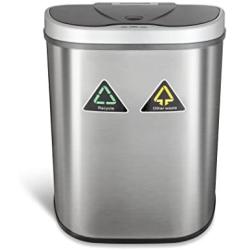 NINESTARS Automatic Touchless Infrared Motion Sensor Trash Can/Recycler with D Shape Silver/Black Lid & Stainless Base, 18 Gal, Stainless Steel