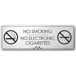 No Smoking No Electronic Cigarettes - Laser Engraved Sign - 3''x9'' - .050 Brushed Silver Plastic