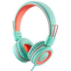 Kids Headphones-Noot Products K11 Foldable Stereo Tangle-Free 5ft Long cord 3.5mm Jack Plug in Wired On-Ear Headset for iPad/Amazon Kindle,Fire/Boys/Girls/School/Travel/Plane/Tablet/Laptop(Mint/Coral)