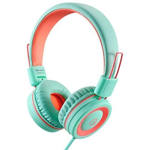 Kids Headphones-Noot Products K11 Foldable Stereo Tangle-Free 5ft Long cord 3.5mm Jack Plug in Wired On-Ear Headset for iPad/Amazon Kindle,Fire/Boys/Girls/School/Travel/Plane/Tablet/Laptop(Mint/Coral)