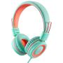 Kids Headphones-Noot Products K11 Foldable Stereo Tangle-Free 5ft Long cord 3.5mm Jack Plug in Wired On-Ear Headset for iPad/Amazon Kindle,Fire/Boys/Girls/School/Travel/Plane/Tablet/Laptop(Mint/Coral)