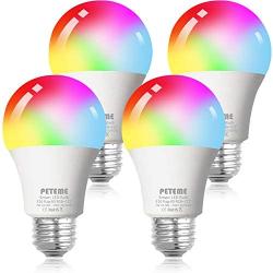 Smart WiFi Alexa Light Bulb, Peteme Led RGB Color Changing Bulbs, Compatible with Alexa, Siri, Echo, Google Home (No Hub Required), E26 A19 60W Multicolor (4 Pack)
