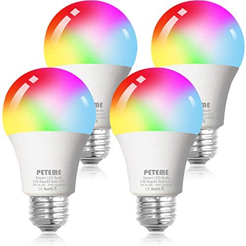 Smart WiFi Alexa Light Bulb, Peteme Led RGB Color Changing Bulbs, Compatible with Alexa, Siri, Echo, Google Home (No Hub Required), E26 A19 60W Multicolor (4 Pack)