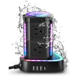 ESHLDTY RGB Power Strip Tower Surge Protector with 20W USB C Fast Charger, 3 USB Ports, 6 AC Outlets and 6ft Extension Cord Rhythm Light Waterproof Charging Station for Game Party Desk Tablet Laptops