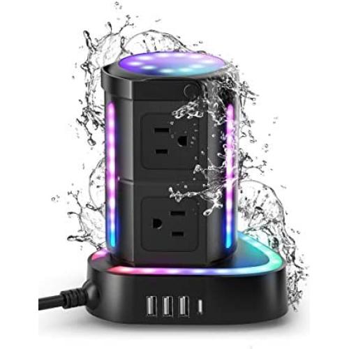ESHLDTY RGB Power Strip Tower Surge Protector with 20W USB C Fast Charger, 3 USB Ports, 6 AC Outlets and 6ft Extension Cord Rhythm Light Waterproof Charging Station for Game Party Desk Tablet Laptops