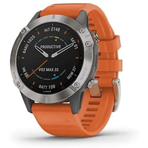 Garmin fenix 6 Sapphire, Premium Multisport GPS Watch, Features Mapping, Music, Grade-Adjusted Pace Guidance and Pulse Ox Sensors, Titanium with Orange Band