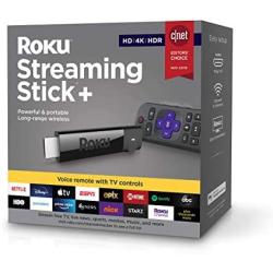 Roku Streaming Stick plus | 4K/HDR/HD Streaming Player with 4X The Wireless Range & Voice Remote with TV Power and Volume (2017) (Renewed)