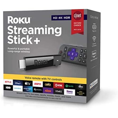 Roku Streaming Stick plus | 4K/HDR/HD Streaming Player with 4X The Wireless Range & Voice Remote with TV Power and Volume (2017) (Renewed)