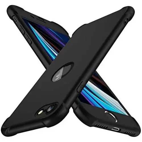 ORETECH Designed for iPhone SE 2020 Case with[2 x Tempered Glass Screen Protector] 360° Full Body Protection Cover Hard PC Soft Rubber Silicone for iPhone SE 2nd Generation (2020)-4.7- Black