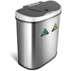 NINESTARS Automatic Touchless Infrared Motion Sensor Trash Can/Recycler with D Shape Silver/Black Lid & Stainless Base, 18 Gal, Stainless Steel