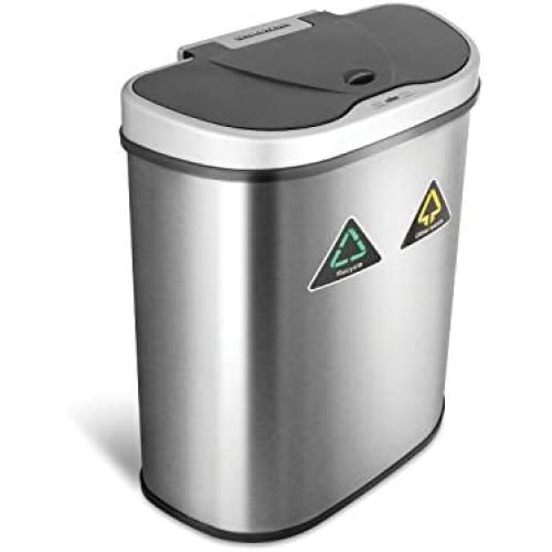 NINESTARS Automatic Touchless Infrared Motion Sensor Trash Can/Recycler with D Shape Silver/Black Lid & Stainless Base, 18 Gal, Stainless Steel