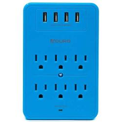 Aduro Surge Protector 6 Outlets Power Strip Station with USB (4 Ports 4.8A) Wall Mount Multiple Outlet Splitter Extender Adapter with Phone Shelf Stand ETL Listed, Blue