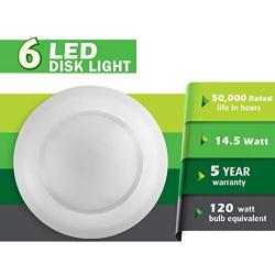 (6 Pack) 7.5'' Flush Mount Dimmable LED Disk Light, 15W (120W Equivalent), 120V, 5000K Bright White, White Trim, ETL Listed - Suitable for Wet Locations - 4/6'' J-Box