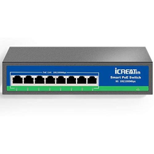 iCreatin 8 Port Gigabit POE Switch, 1 Uplink 1000Mbps Ethernet, 120W PoE Plus 802.3af/at, Fanless Metal Unmanaged Plug & Play iCreatin 8 Port Gigabit POE Switch, 1 Uplink 1000Mbps Ethernet, 120W PoE Plus 802.3af/at, Fanless Metal Unmanaged Plug & Play