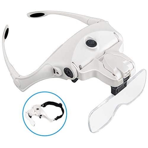 BIJIA Head Magnifier-USB Rechargeable LED Illuminated Head Mount Magnifying Glass with Headband,2 LED Light,5 Interchangeable Lens for Jewelry Loupe,Crafts,Electronics Repair,Hobby,Eyelash Extension
