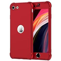ORETECH Designed for iPhone SE 2020 Case with[2 x Tempered Glass Screen Protector] 360° Full Body Protection Cover Hard PC Soft Rubber Silicone for iPhone SE 2nd Generation (2020)-4.7- Red