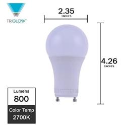 TriGlow T95222 9W (60W Equivalent) LED A19 Light Bulb, Warm White (2700K) GU24 Base, 800 Lumens, DIMMABLE Bulb