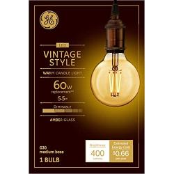GE Globe LED Vintage Light Bulb, G30 Amber Glass LED Edison Bulb (60 Watt Replacement Dimmable LED Light Bulbs), 400 Lumen, Medium Base Light Bulbs, 1-Pack E26 Edison Bulb