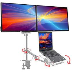 Height Adjustable 3 in 1 Laptop Monitor Stand Compatible with 13 to 17.3 inch Laptop, Hold 2 Monitors 11 to 27 inch with Vesa, Monitor Desk Stand arm Riser Mount Stand Workstation (Silver)
