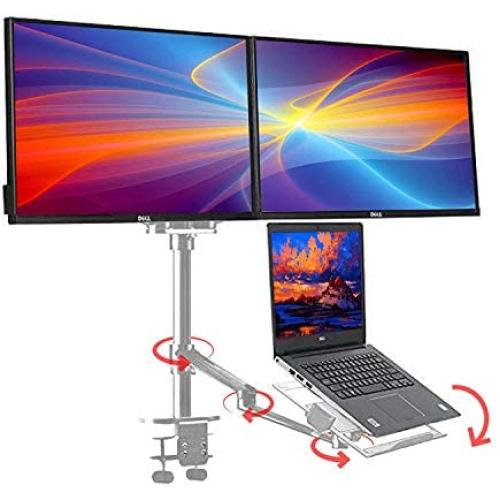 Height Adjustable 3 in 1 Laptop Monitor Stand Compatible with 13 to 17.3 inch Laptop, Hold 2 Monitors 11 to 27 inch with Vesa, Monitor Desk Stand arm Riser Mount Stand Workstation (Silver)