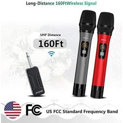 Wireless Microphone, UHF Wireless Dual Handheld Dynamic Mic System Set with Rechargeable Receiver, 160ft Range, 6.35mm(1/4) Plug, for Karaoke, Voice Amplifier, PA System, Singing Machine, Church