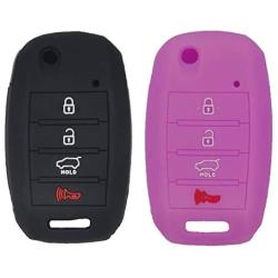WEIBISS 2 Pack 4 Buttons Rubber Silicone Flip Key Cover Case Shell Fob Holder Bag Keyless Protector Fit for Kia Sorento Sportage Rio Soul Forte Optima Carens, Black Purple