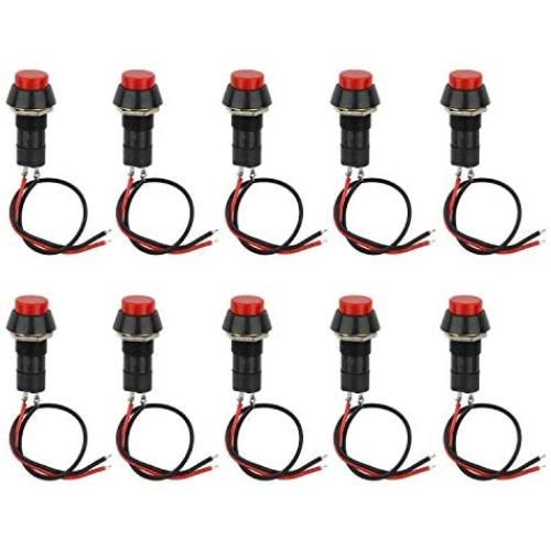 Round Red Cap On Off Switch 12V 250V 3A, 10PCs Mini Self Locking SPST Tactile On Off Push Button Switch with Lead DIY Electronics Accessories