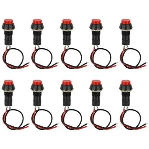 Round Red Cap On Off Switch 12V 250V 3A, 10PCs Mini Self Locking SPST Tactile On Off Push Button Switch with Lead DIY Electronics Accessories