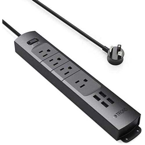 Power Strip with USB, TROND Surge Protector with 4 Outlets & 4 USB Ports, Flat Plug, Wall Mountable, 3ft Short Cord, for Workbench, Nightstand, Dresser, Home, Office, Black