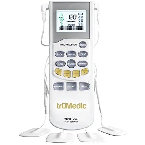 TruMedic TENS Electronic Pulse Unit & 4 Electrode Pads - For Muscle Stiffness, Soreness, Aches & Pains, Perfect for Relaxing Tight Muscles & Nerves for Electrotherapy Pain Management (TM-1000PRO)