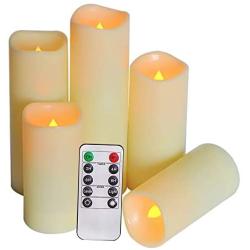 SWEETIME Outdoor Waterproof Flameless Candles with Timer & Remote - LED Flickering Pillar Plastic Resin Electric Candles Battery Operated Candles, Set of 5 (D 2.2'' x H 4'' 4'' 5'' 6'' 7'')