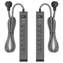2 Pack Surge Protector Power Strip with 6 Outlets 2 USB Ports, 5-Foot Long Heavy-Duty Braided Extension Cords, Flat Plug, 900 Joules, 15A Circuit Breaker, Wall Mount for Home Office