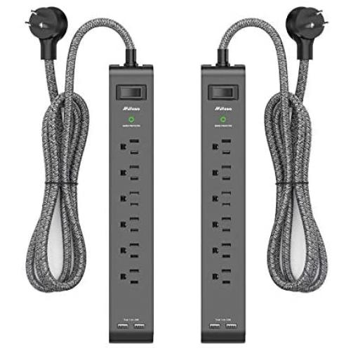 2 Pack Surge Protector Power Strip with 6 Outlets 2 USB Ports, 5-Foot Long Heavy-Duty Braided Extension Cords, Flat Plug, 900 Joules, 15A Circuit Breaker, Wall Mount for Home Office