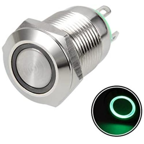 uxcell Momentary Metal Push Button Switch 12mm Mounting Dia 2A 1NO 3-6VAC/DC Green LED Light